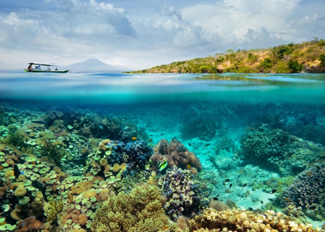 Beautiful Coral reef on background of cloudy sky and volcano. monad shoal